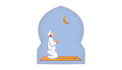 Vector illustration of a Muslim man praying under the moon
