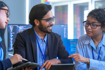 Diverse team of software engineers and data scientists collaborating on a project, using tablets and analyzing code. Concept for AI development, cybersecurity, and tech innovation.