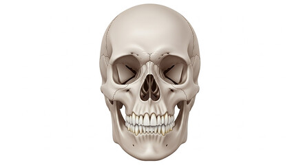 Obraz premium Human skull showing teeth, nose, and eye sockets on white background