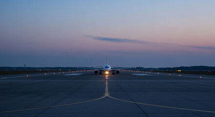 Fototapeta premium Airplane poised on the runway, illuminated by headlights, at dusk, ready for takeoff.