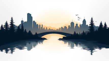 Naklejka premium Cityscape with River and Forest, Urban and Nature Art