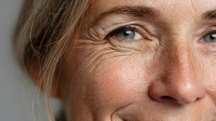 close-up of a woman's face showing a comparison between youthful skin on one side and aged skin with wrinkles on the other, against a neutral background