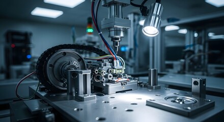 Fototapeta premium Advanced Industrial Machine Assembling Electronic Components in Factory