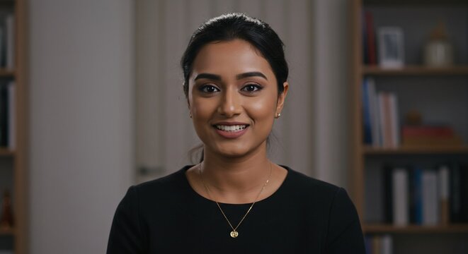 Headshot of a smiling young professional woman of Indian ethnicity in her office.