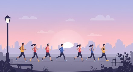 Group of diverse people running in a city park at sunset.