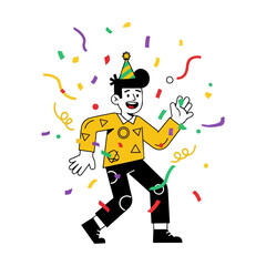Cartoon character dancing with colorful confetti, New Year’s party celebration. Vector flat design cartoon. AI generated images.	