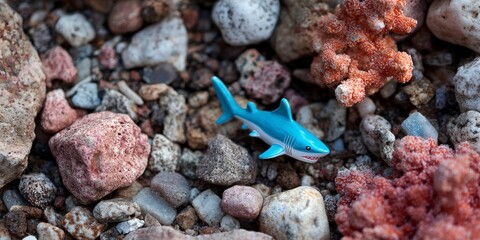 Small blue shark figurine on rocks