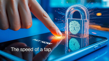 A finger taps a "PAY NOW" button on a smartphone, activating a holographic fingerprint padlock for a fast and secure mobile payment