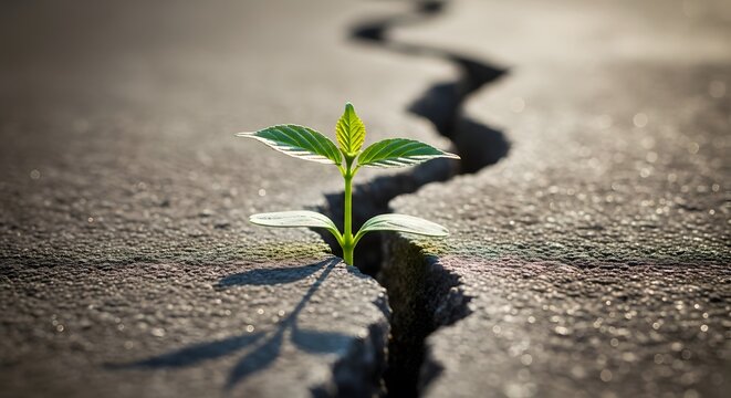 A young plant sprouts from a crack in the asphalt symbolizing resilience and new beginnings.