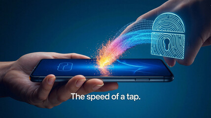 Secure data is transferred to a smartphone via a tap, visualized by a fingerprint lock and binary code stream