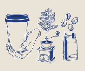 Set of vintage illustrations of a hand holding a glass of hot coffee, hand-drawn in ink. Drawings of coffee beans, a coffee grinder, a coffee plant, and coffee beans.