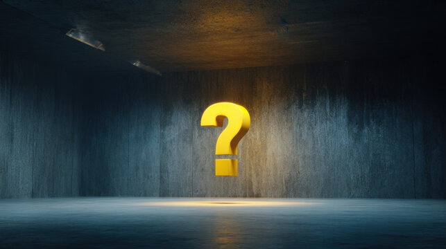 Glowing yellow question mark floating in dark abstract space evokes curiosity and intrigue