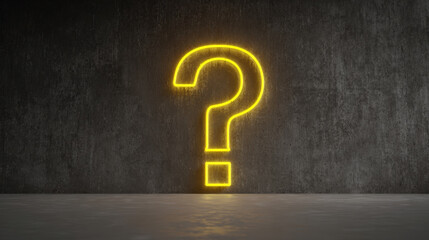 Glowing yellow question mark illuminated against dark textured background evokes curiosity