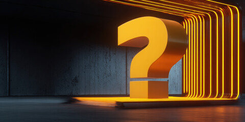 Glowing yellow question mark illuminated in dark abstract space, evoking curiosity and intrigue