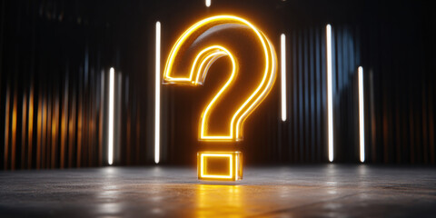Glowing yellow question mark in dark space with abstract lighting creates intrigue and curiosity