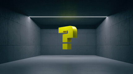 Glowing yellow question mark hovers in dark, minimalist room, evoking curiosity and intrigue