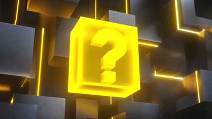 Glowing yellow question mark in dark abstract background creates sense of mystery and curiosity