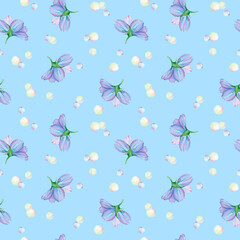 Seamless blue flower and green leaf pattern background, dew, pearl, bubble. Forget-me-not endless backdrop. Hand drawn floral watercolor repeating illustration for textile, wrapping, wallpaper, fabric