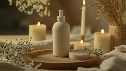 A beige cream bottle with its lid on the side, placed on an empty wooden tray, placed in front of white candles and surrounded by relaxing spa accessories for a calming skincare environment.
