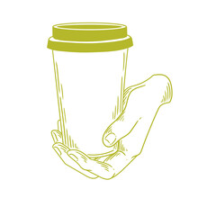 Original illustration of a hand holding a hot matcha tea drink, hand-drawn in a minimalist style. Posters, cards, cafe menus, and graphic design.