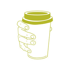 Original illustration of a hand holding a hot matcha tea drink, hand-drawn in a minimalist style. Posters, cards, cafe menus, and graphic design.