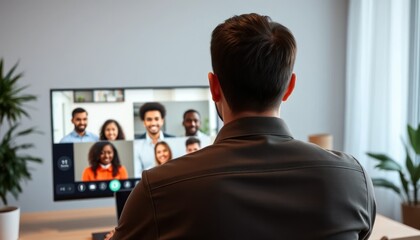 Man at a video conference, working remotely with a diverse group of people