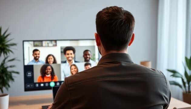 Man at a video conference, working remotely with a diverse group of people - Powered by Adobe