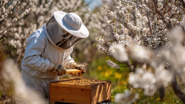 A beekeeper in protective clothing inspects a hive surrounded by flowering trees in a sunlit orchard.