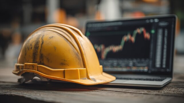A worn yellow construction helmet rests on a table beside a laptop displaying colorful financial charts. - Powered by Adobe