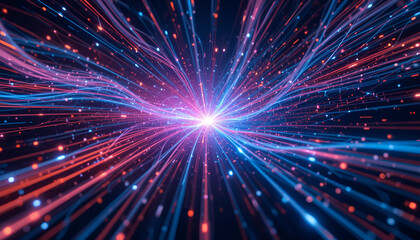 Fototapeta premium Abstract glowing light trails converge in a burst of energy, modern hi-tech network