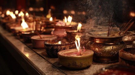 Serene Temple Illumination: A Night of Candles and Incense