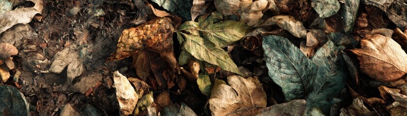 Fallen dry leaves in various shades lay on the forest floor, creating a natural, textured autumn scene.