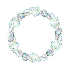 Watercolor round frame made of various seashells, conch, starfish, pearl, oceanic decor. Hand drawn illustration isolated. Template with a marine theme. Empty space for insertion. Copy space in center