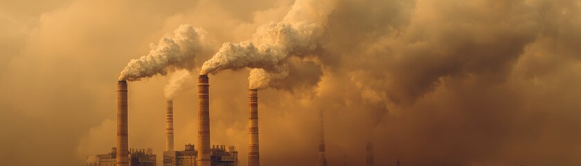 Four factory chimneys emit thick smoke into a hazy, polluted sky, highlighting industrial air pollution and environmental concerns.