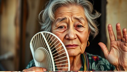 Portrait of an elderly woman uses a fan to cope with the heat of the day