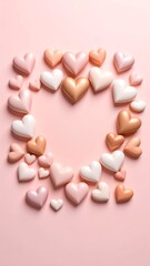 Fototapeta premium Heart-shaped frame, various pastel colors, on pink background