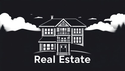 Real Estate Logo with a House and Landscape, Black and White Design