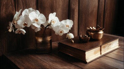 Fototapeta premium White orchids and book arrangement