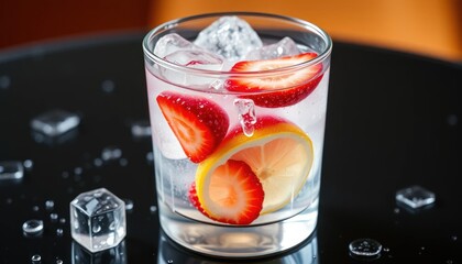 Refreshing strawberry and lemon beverage with ice cubes in a clear glass on a dark surface