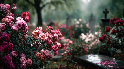 Fototapeta premium Rainy Day Roses in a Cemetery