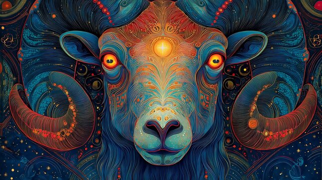 Ornate Aries Zodiac Sign Illustration, Ram with Horns and Starry Background