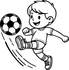 Obraz premium vector illustration, little boy playing football, outline edition