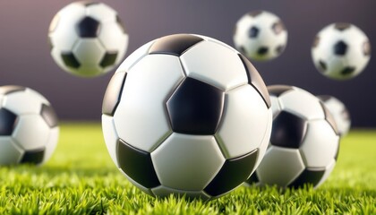 Soccer balls rest on grass with some in the background against a dark background