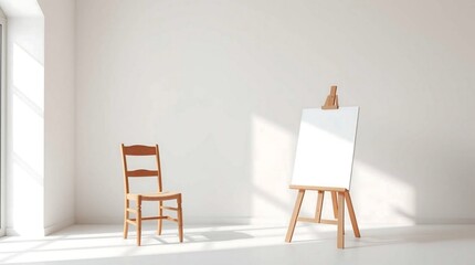Blank white canvas on easel with chair near window in light filled room studio space