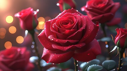 Close-up of a blooming red rose with dewdrops on its petals, surrounded by other roses in soft focus. Warm bokeh lights glow in the background, creating a dreamy and romantic atmosphere
