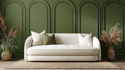 Green-walled room, white sofa
