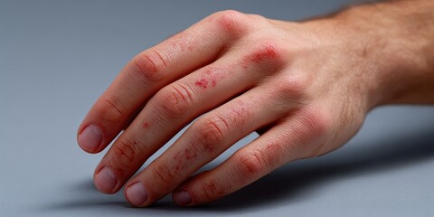 Close up of a man's hand showing a severe eczema or atopic dermatitis flare up on the knuckles.