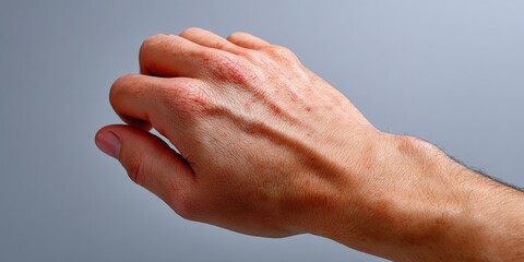 Dermatology Concept, Close up of a hand with severe eczema, showing red, dry, and inflamed skin from atopic dermatitis.