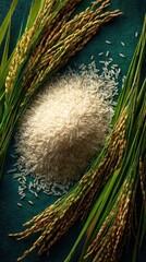 From Harvest to Table, Golden Rice Paddy Stalks and Raw White Grains on a Textured Teal Background.