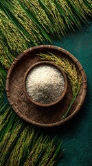 Rustic Harvest, A top down view of raw white rice in a wooden bowl and fresh paddy stalks on a woven tray.